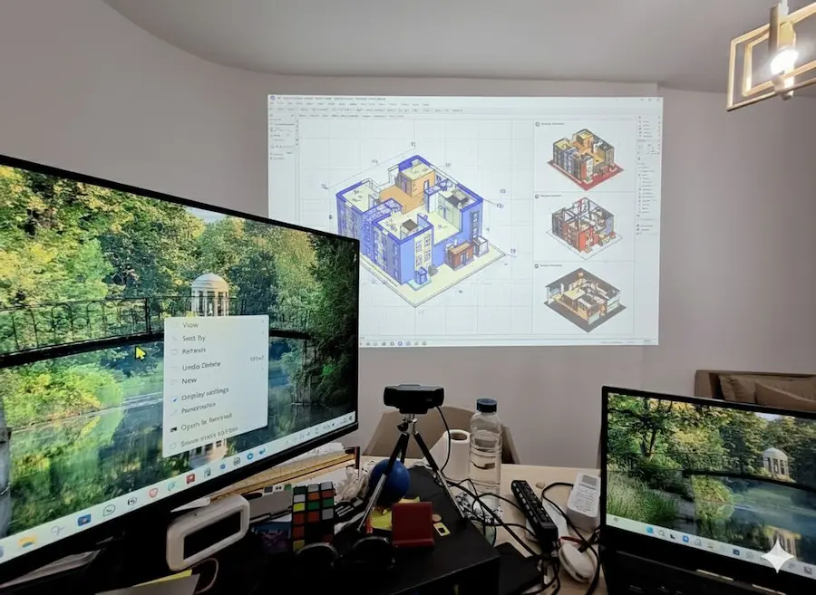 Bureau d'architecte avec postes de conception 3D et plans techniques
