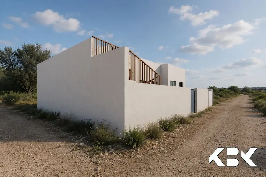 Vue extérieure d'une construction de villa contemporaine à Menzel Abderrahmen, Bizerte, avec murs blancs minimalistes et éléments en bois, réalisée par KBK Architecture.