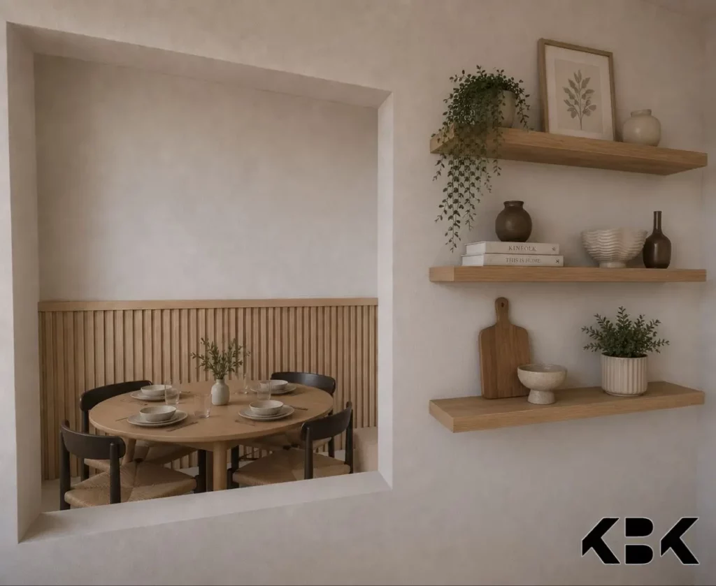 Aménagement d'un coin repas chaleureux dans un logement neuf de plain-pied. Aperçu à travers une ouverture murale d'une table ronde en bois avec chaises en paille, complété par des étagères murales décorées de plantes et de vaisselle artisanale.