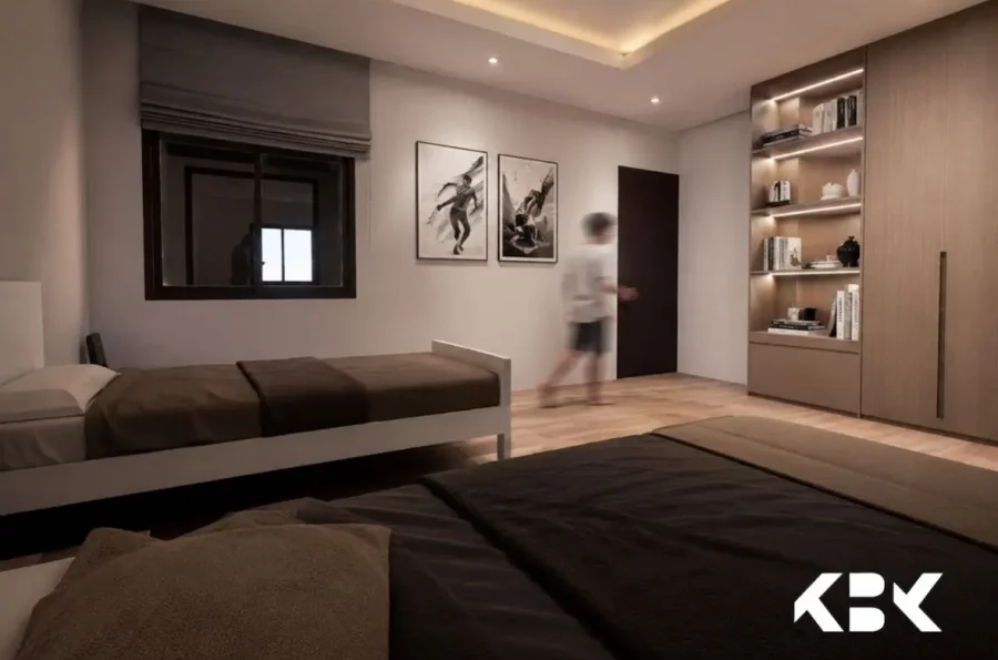 Rendu 3D d'une chambre double contemporaine dans une résidence contemporaine à Bizerte. Vue sur deux lits jumeaux aux draps bruns, un sol en parquet, un grand dressing sur mesure intégré avec étagères rétroéclairées et un faux plafond avec lumière diffuse.