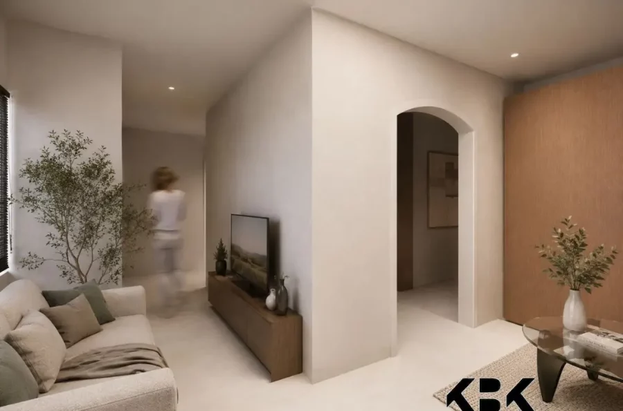 Rendu 3D de l'intérieur d'une résidence contemporaine à bizerte. Vue sur un salon chaleureux avec un canapé beige, un meuble TV en bois et une ouverture en arche menant vers un couloir et d'autres pièces de vie.