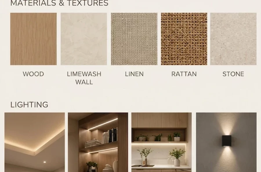 Planche de tendances présentant les matériaux et solutions d'éclairage pour un projet de construction de villa contemporaine à Bizerte. Échantillons de textures : bois de chêne, enduit à la chaux, lin, rotin tressé et pierre naturelle. Concept lumineux avec rubans LED intégrés et applique murale.