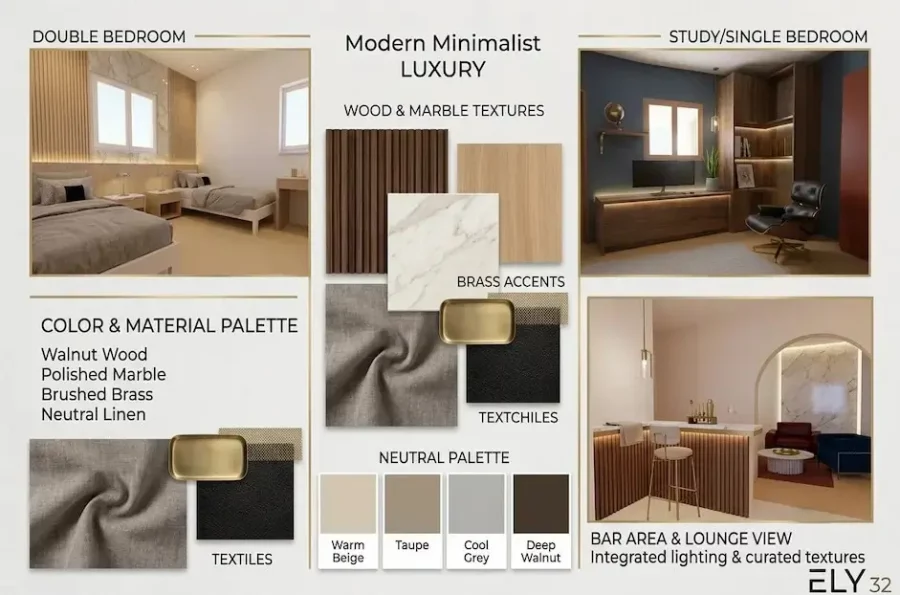 Moodboard de design d'intérieur pour le projet de surélévation à Bizerte. Présentation de la palette de matériaux (marbre, bois de noyer, laiton), de la chambre double, du bureau et de l'espace bar salon au style minimaliste moderne.