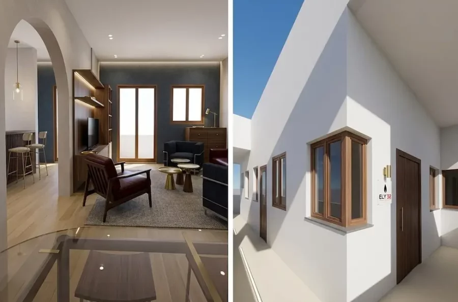 Rendu 3D du projet de surélévation à Bizerte. À gauche : aménagement intérieur moderne du salon avec parquet et arche décorative. À droite : vue extérieure du bâtiment avec façade blanche épurée et fenêtres en bois.